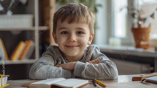 Happy child sitting at a wooden table and smilingly doing homework for school with a book and pencils photo