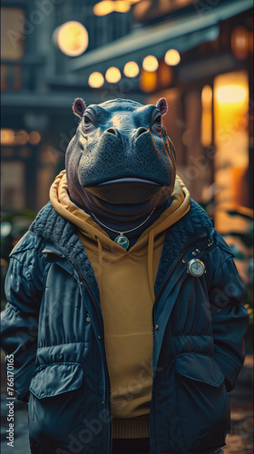 Fashionable hippopotamus graces city streets in tailored elegance, epitomizing street style. The realistic urban backdrop frames this large mammal, seamlessly merging aquatic allure with contemporary 
