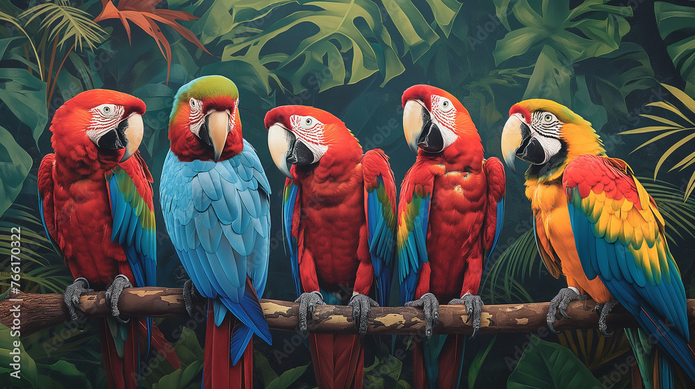 View of Group of colorful macaws Blue and gold macaw cage standing on a log ...