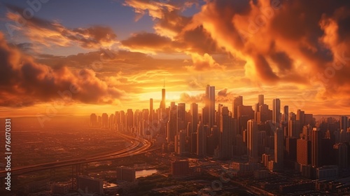 Sunset over a bustling city skyline with radiant clouds and light casting a golden hue over the buildings.