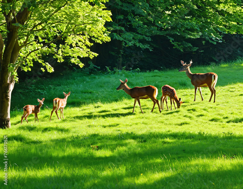 A family of deer grazing peacefully in a sun-dappled clearing © Majella