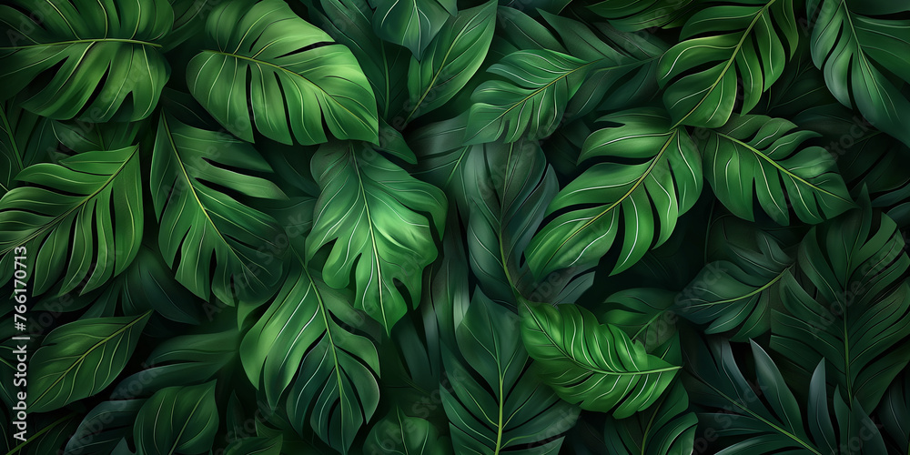 Close-up nature view of palm and monstera and fern leaves background. Lying down, gloomy nature concept, tropical leaves. leaf pattern wallpaper Close-up nature view of palm and monstera and fern leaves background. Lying down, gloomy nature concept, tropical leaves. leaf pattern wallpaper
