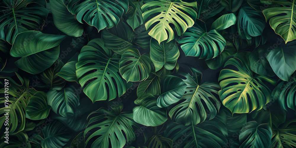 Close-up nature view of palm and monstera and fern leaves background. Lying down, gloomy nature concept, tropical leaves. leaf pattern wallpaper Close-up nature view of palm and monstera and fern leaves background. Lying down, gloomy nature concept, tropical leaves. leaf pattern wallpaper