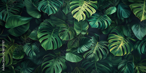 Close-up nature view of palm and monstera and fern leaves background. Lying down  gloomy nature concept  tropical leaves. leaf pattern wallpaper