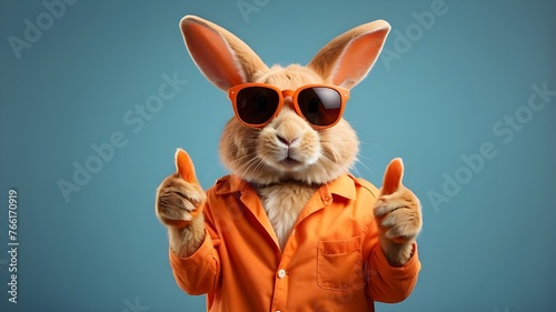 rabbit in a hat.Funny Easter animal pet: an isolated orange backdrop with an Easter bunny rabbit wearing sunglasses and giving a thumbs up. photo