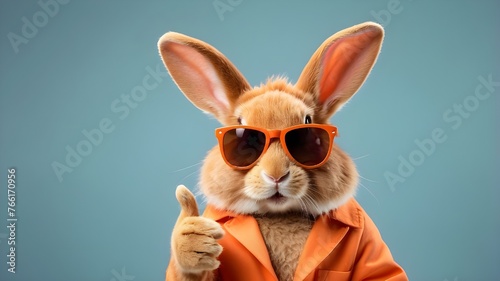 rabbit with a carrot Funny Easter animal pet: an isolated orange backdrop with an Easter bunny rabbit wearing sunglasses and giving a thumbs up.