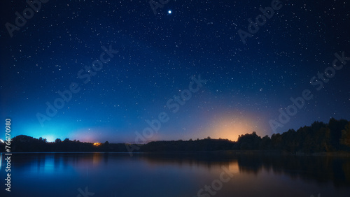 Real Colorful Night Stars Above Lepel Lake. Natural Starry Sky Background Backdrop Landscape.