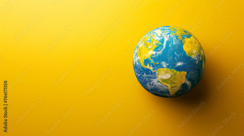 3D globe, sunny daisy field on yellow background. Symbolic idea for World Environment Day with copy space. 3D globe, sunny daisy field on yellow background. Symbolic idea for World Environment Day with copy space.