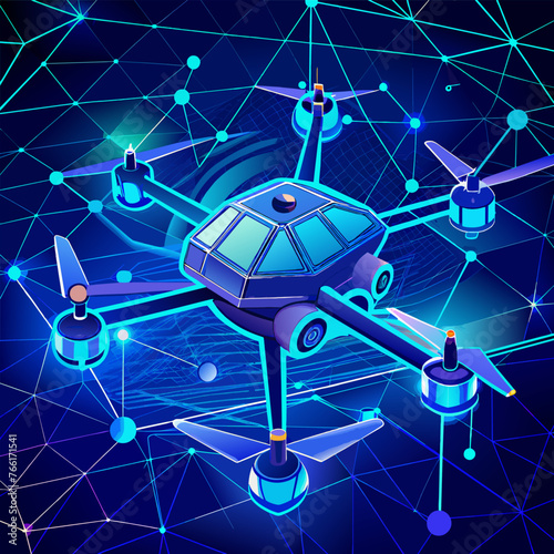 Drone and neural network vector illustration. Communication network