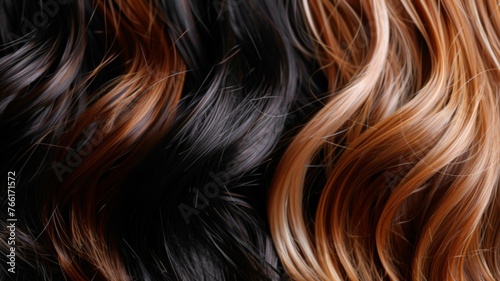 A detailed view of black and brown hair strands, showcasing their texture and color variations © pham