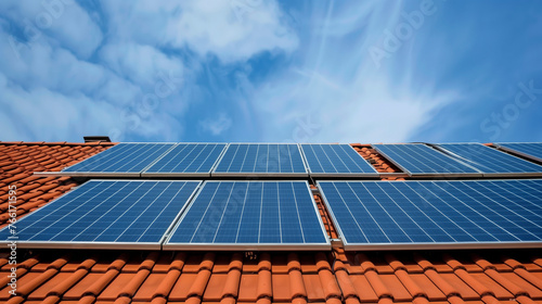 Paneles solares en el tejado de una casa, energía limpia