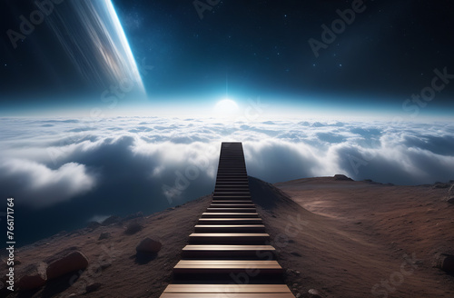 The conceptual image is a high staircase rising into the sky to the clouds. Successful business, career growth, overcoming