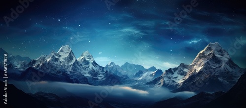 A majestic mountain range covered in snow and clouds under a starry night sky  creating a breathtaking natural landscape with a touch of atmospheric phenomenon