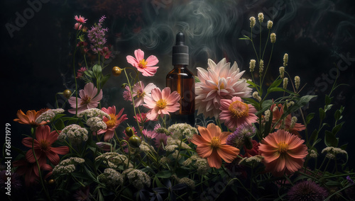 Serene image featuring a bottle of bach flower tincture surrounded by vibrant flowers with a mystical fog
