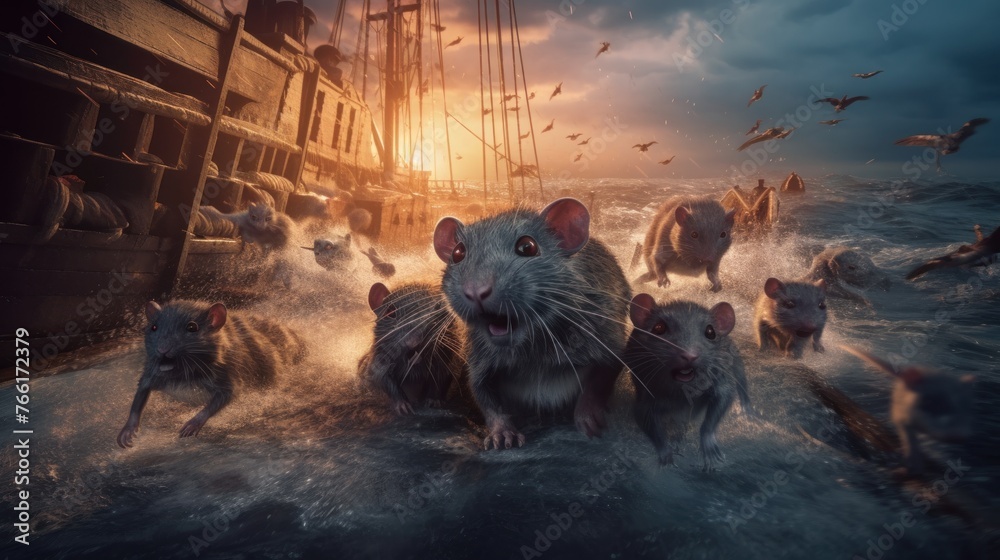 Fototapeta premium Rats fleeing a sinking ship. It features a dramatic scene with a large ship tilting and sinking into the ocean, while numerous rats scurry away.