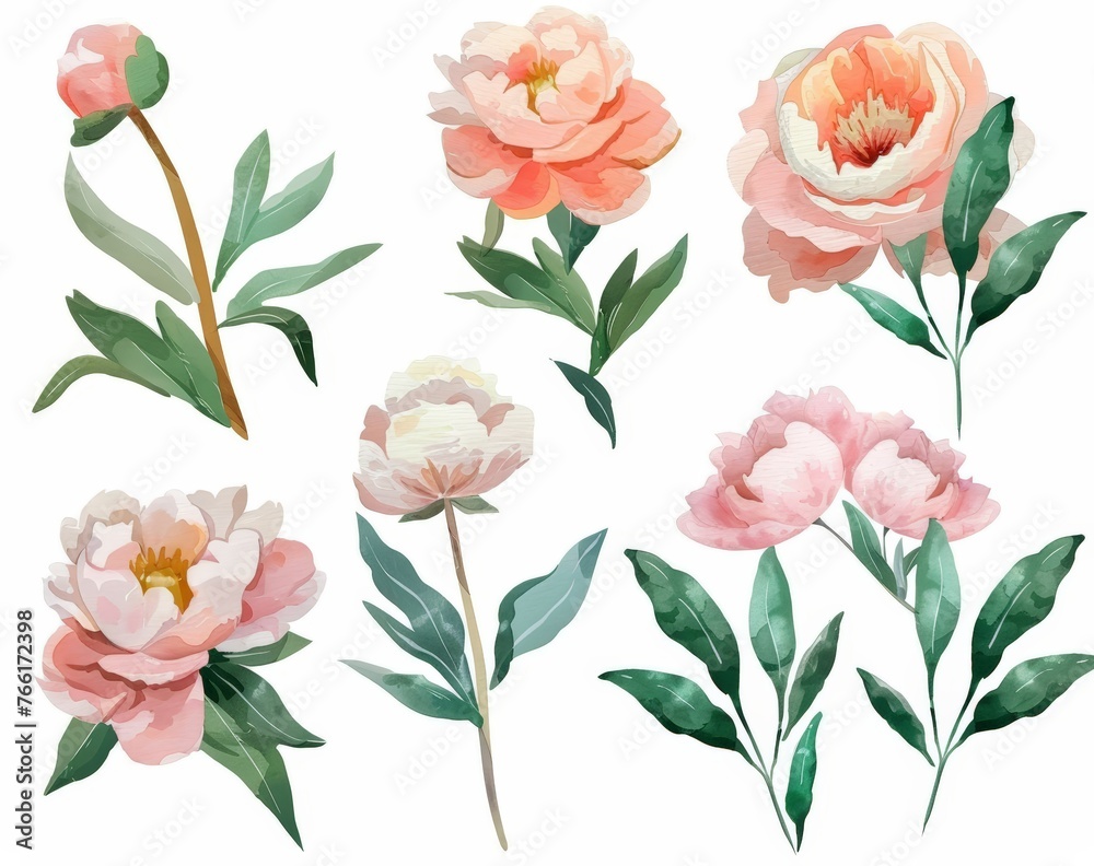 A collection of colorful flowers arranged neatly on a plain white background