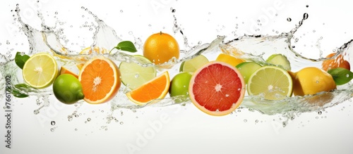 A variety of citrus fruits like Valencia oranges, Rangpur, and Clementines are seen splashing in the water. They are essential ingredients in many recipes and popular in natural food cuisine