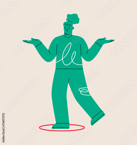 Woman standing uncomfortably in circle. Boundary, limitation concept. Colorful vector illustration