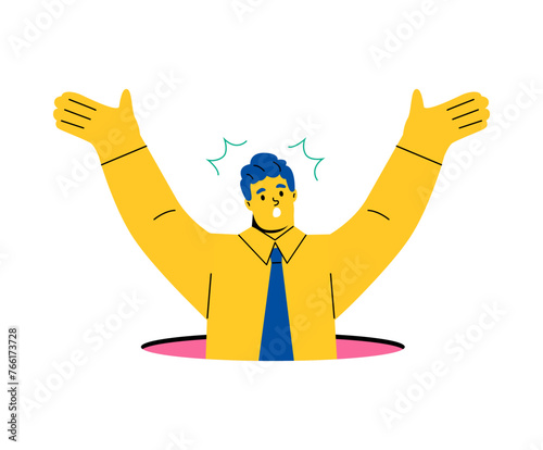 Business man fell into manhole underground sewer.  Failure concept. Flat vector illustration isolated on white background