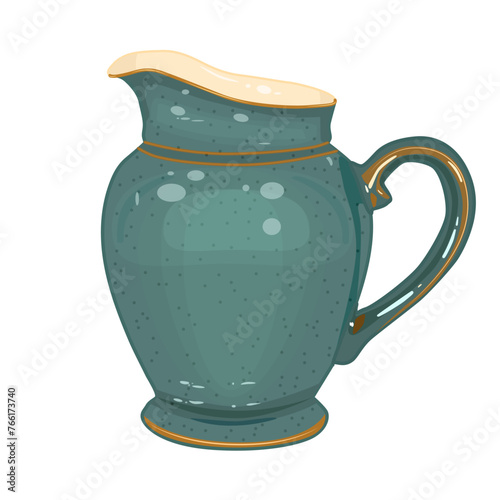 Pottery isolated on white background. Ceramic pitcher. Clay old jug. Earthen pot or carafe. Earthenware vessel or decanter.Fictile tableware.Rustic green utensil.Porcelain crockery.Vector illustration