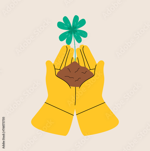 Hands holding a clover plant growing out of the ground. Colorful vector illustration