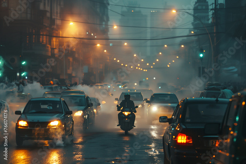 City life under the haze of PM 2.5, cityscape of buildings and street with bad weather and smoke. photo
