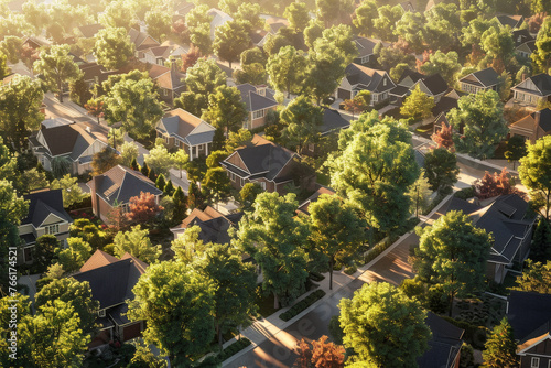 A detailed view of a luxury city quarter, the single-story houses nestled among mature trees