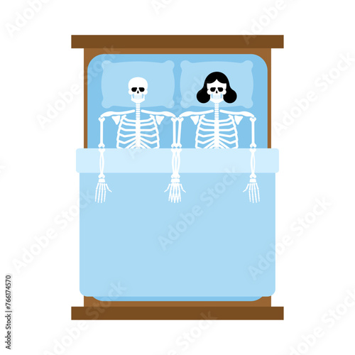Skeletons in bed. Skeletons of lovers lie in bed under covers.