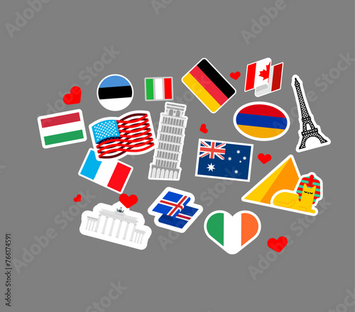 Stickers from different countries for suitcases