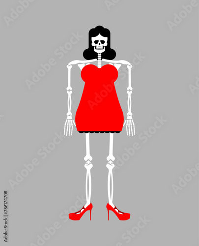Female skeleton in dress. Bones, skull and women's dress
