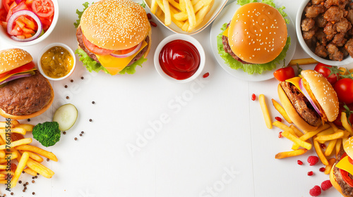 Delicious burger with sesame seeds and fresh french fries in a red box with yellow stripes on a white background illustration Beef Burger with Chicken and French Fries