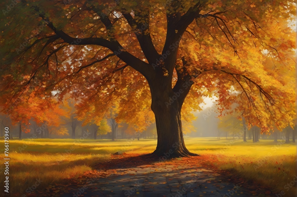 Beauty of an autumn landscape with a majestic tree, dynamic lighting, golden ratio Beauty of an autumn landscape with a majestic tree, dynamic lighting, golden ratio