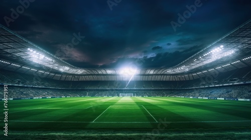 soccer stadium with illumination, green grass and night sky.
