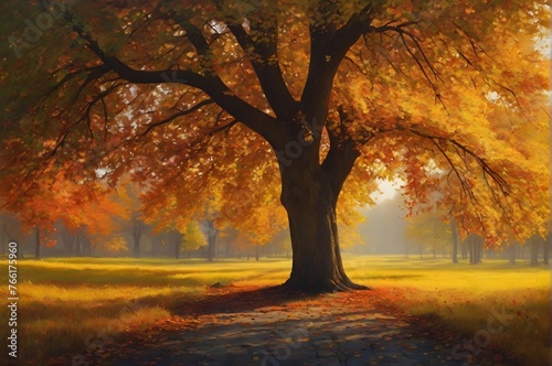 Beauty of an autumn landscape with a majestic tree  dynamic lighting  golden ratio