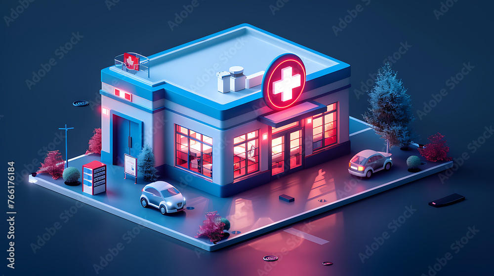 a small hospital icon, isometric 3d, metallic texture, softlighting, studio lighting. Generative Ai