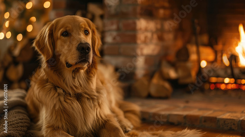 A golden retriever warms himself by the fireplace on a cold winter day. Fluffy dog enjoying the warmth of the house. Cozy interior background. Atmosphere of caring.