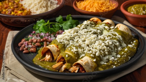 A plate of chicken enchiladas bathed in rich green sauce is adorned with crumbled cheese, paired with rice and beans, portraying a classic Mexican feast in warm, inviting tones. photo