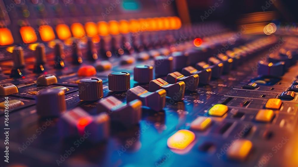 Fototapeta premium Close-up View of a Music Studio Highlights the Intricate Knobs, Buttons, and Switches of Recording Equipment. Technical Precision and Creative Control Concept.