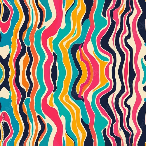 A dynamic and bold abstract pattern with wavy lines in bright colors meandering across a seamless design  suggesting movement and flow.