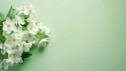 Spring Banner. White Flowers bouquet on light green background. Birthday, Mother's Day greeting card. Copy space.,Generative ai, © curek