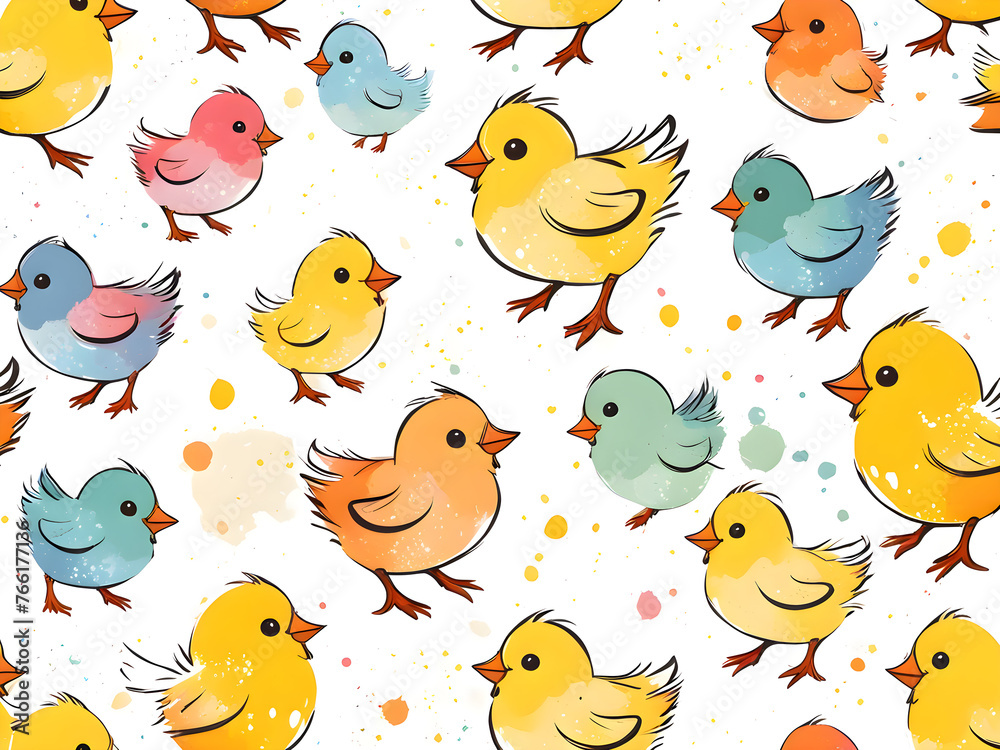 A lot of illustrations of chicks eating rice