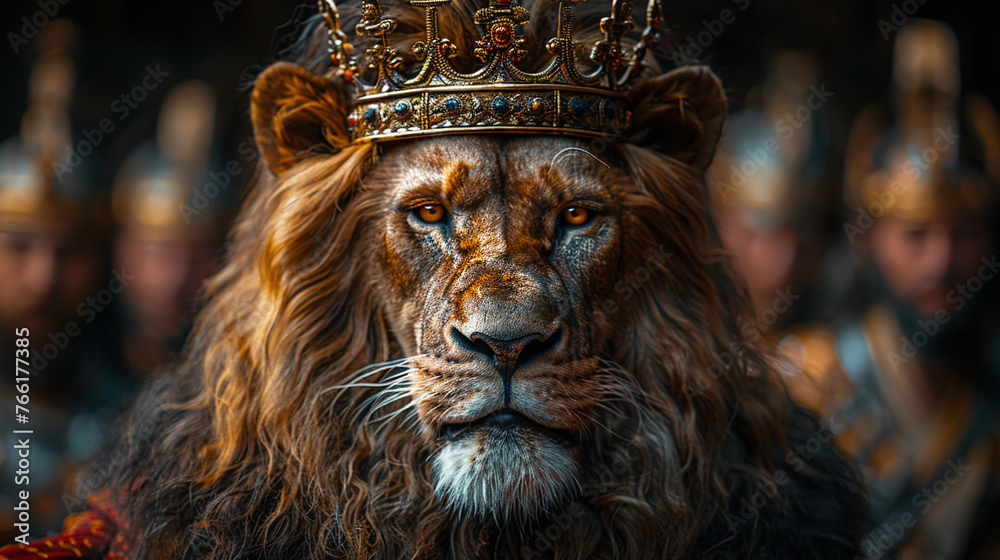 Menacing strong lion in a crown on a throne Menacing strong lion in a crown on a throne