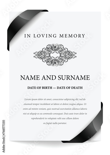 Funeral card. In loving memory of those who are forever in our hearts. Elegant design. Vector illustration.