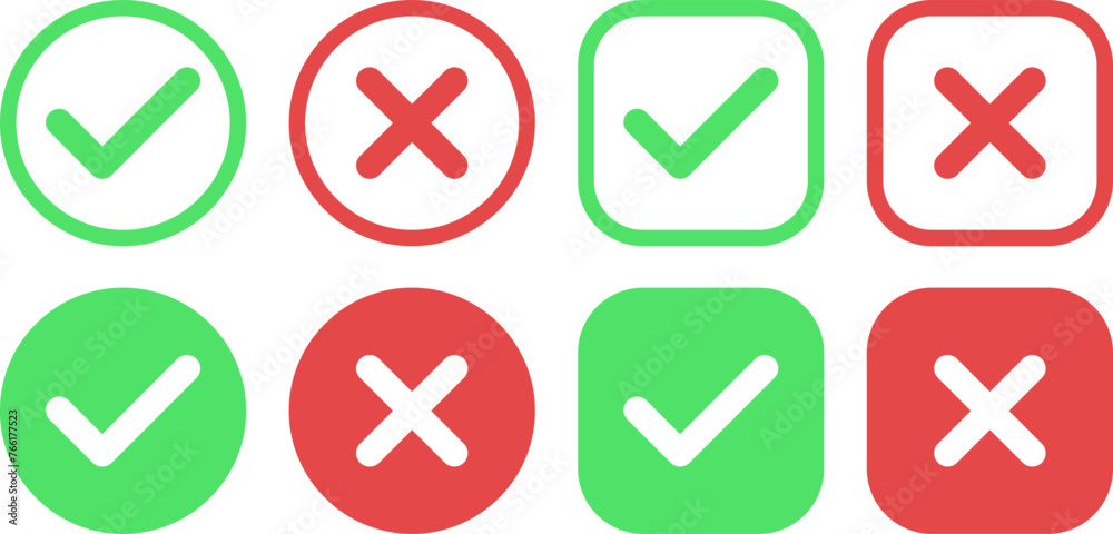 Collection of check mark and cross flat icons for web design or page template Collection of check mark and cross flat icons for web design or page template