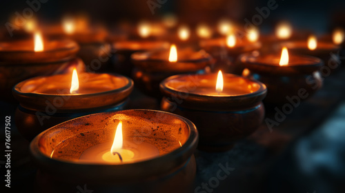 Candle lights on a traditional ceramic bowls . Holy week concept. Spiritual concepts.