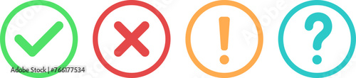 Collection of check mark, exclamation point, question mark and X or cross mark icons buttons