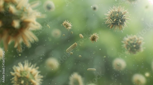 Hyperrealistic illustration of diverse pollen grains floating in the fresh spring air, a trigger for seasonal allergies. © Oksana Smyshliaeva