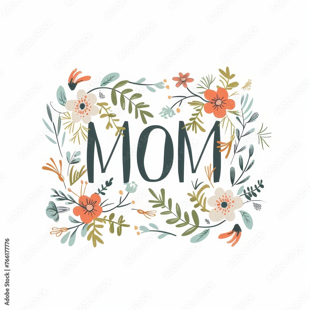 Mom text with floral ornament isolated on white background, Happy mothers day