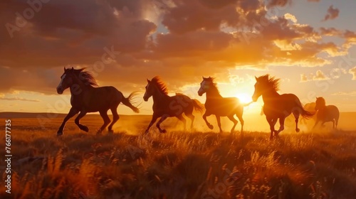 Wild horses running at sunset  photo
