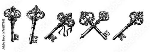 Key set retro sketch style vintage key white background